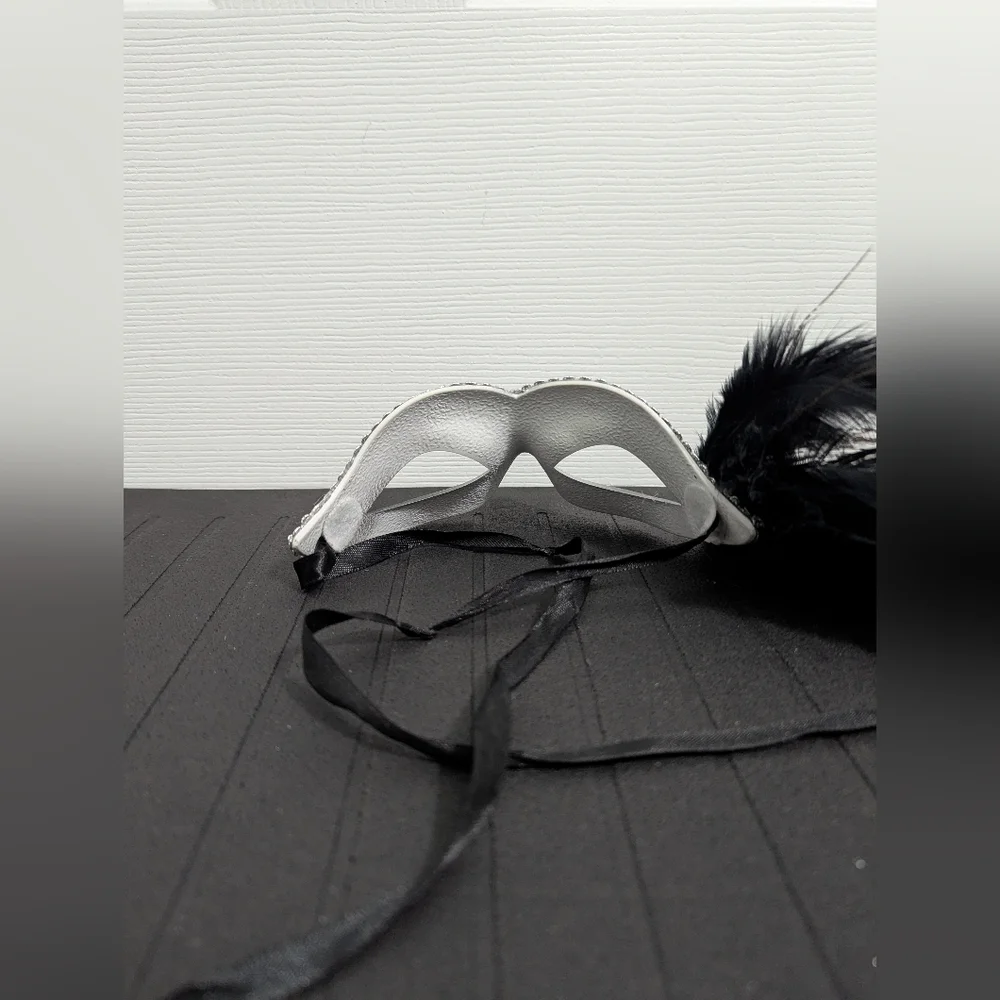 Elegant Silver and Black Feathered Mask